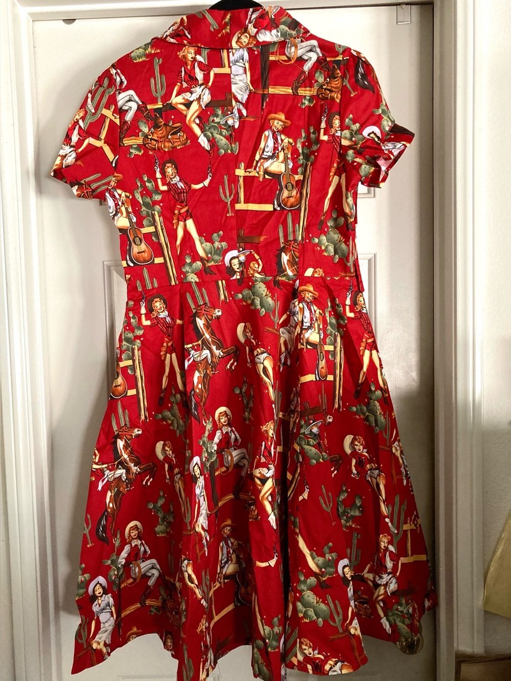WOMENS Western-Print Red Fit & Flare Dress from Unique Vintage size XL - Picture 2 of 10